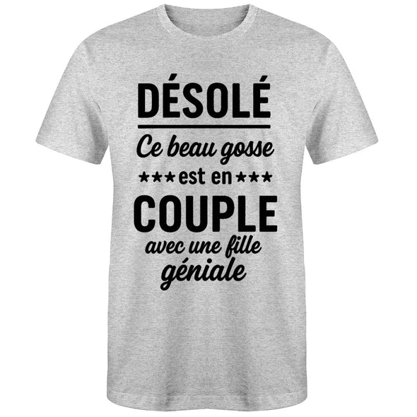 T-Shirt humour homme désolé ce beau gosse est en couple | gris chiné 100% coton MAXI SHIRT