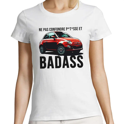 T-Shirt blanc pour femme Fiat 500 Badass | 100% coton, coupe Slim | idée cadeau humour Maxi Shirt