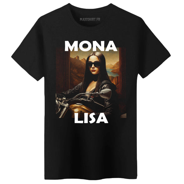 T-Shirt noir Mona Lisa La Joconde Motarde | 100% coton, coupe régulière | idée cadeau originale
