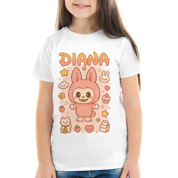 T-Shirt Fille personnalisé style Labubu Rose | ajoutez votre prénom MAXI SHIRT