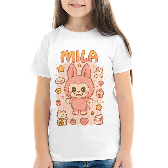 T-Shirt Fille personnalisé style Labubu Rose | ajoutez votre prénom MAXI SHIRT