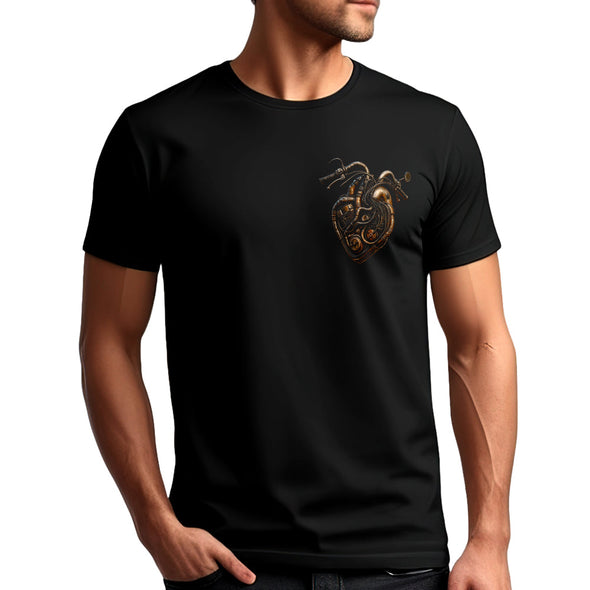 T-Shirt Homme Motard avec Cœur Mécanique, Noir, Coton, Design Vintage Industriel MAXI SHIRT