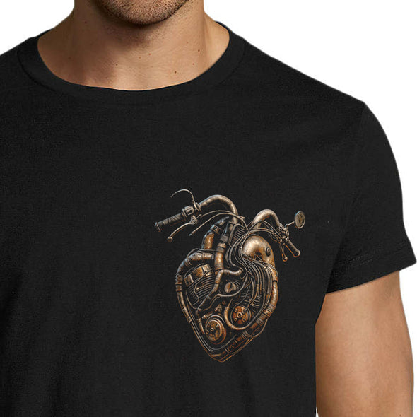 T-Shirt Homme Motard avec Cœur Mécanique, Noir, Coton, Design Vintage Industriel MAXI SHIRT