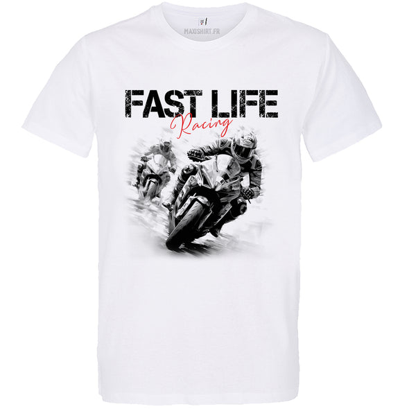 T-Shirt Blanc Moto Fast Life Racing | Aquarelle | 100% coton, coupe régulière | idée cadeau motard