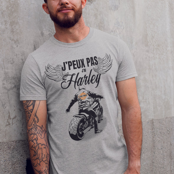 T-Shirt Humour Biker | J'peux pas j'ai Harley | manches courtes | 100% coton, gris chiné, épais | idée cadeau motard