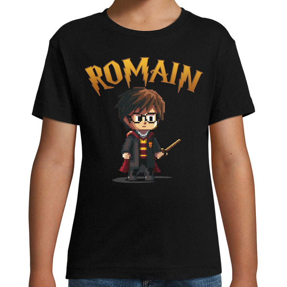 T-Shirt Noir Enfant personnalisé avec prénom | harry potter pixel | manches courtes, 100% coton
