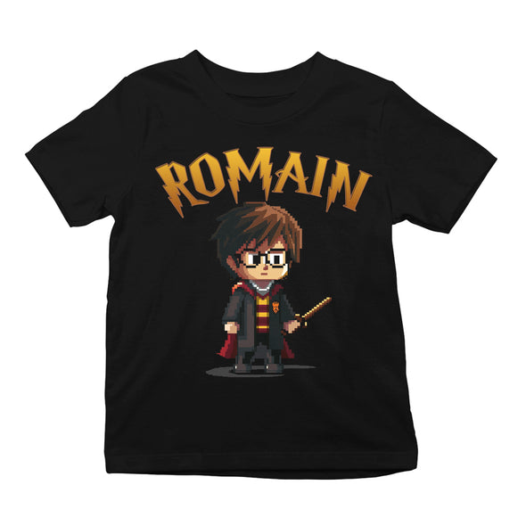 T-Shirt Noir Enfant personnalisé avec prénom | harry potter pixel | manches courtes, 100% coton