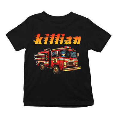 T-Shirt Noir Enfant personnalisé avec prénom | Camion de Pompier | manches courtes, 100% coton