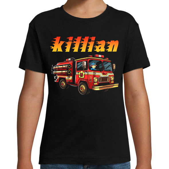 T-Shirt Noir Enfant personnalisé avec prénom | Camion de Pompier | manches courtes, 100% coton