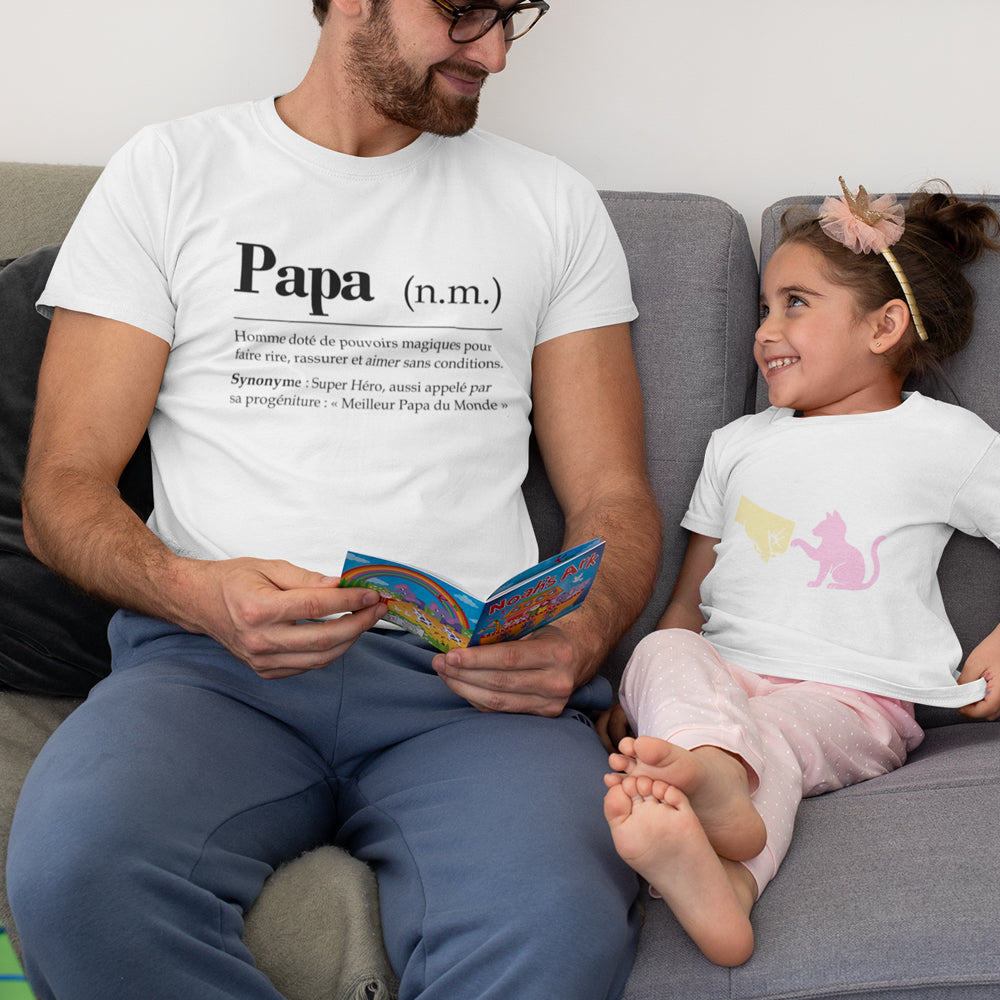 idée cadeau pour Papa T-shirt définition Papa, Blanc 100% coton, coupe régulière