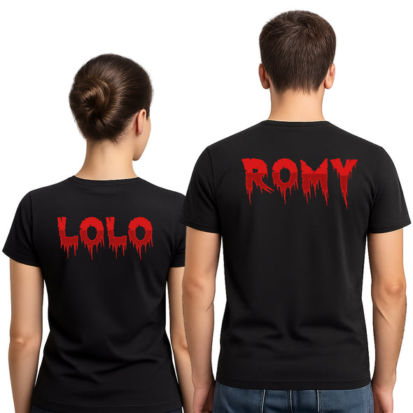 T-Shirts Couple personnalisés (x2) Prénom sanglant, idée cadeau soirée halloween MAXI SHIRT
