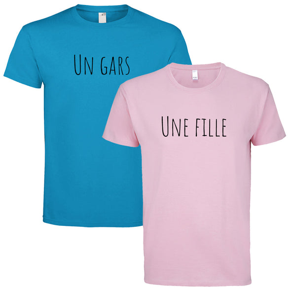 T-Shirts Couple x2 Un Gars Une fille | Bleu + Rose | 100% coton, coupe régulière MAXI SHIRT
