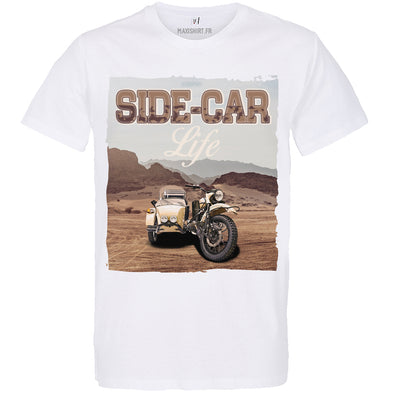 T-Shirt blanc Side-Car life | manches courtes, 190gr/m² - 100% coton, coupe régulière | idée cadeau originale homme