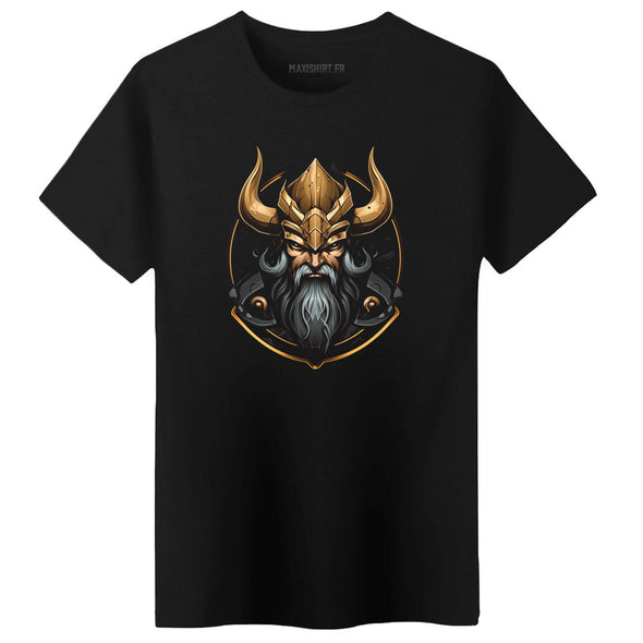 T-Shirt premium noir illustration tête Viking | 100% coton Bio, épais, coupe régulière | doux et confortable
