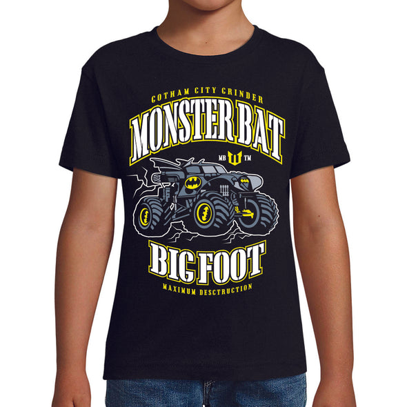 T-Shirt noir Enfant Monster truck Batman | tissu épais, 100% coton | idée cadeau frère ou cousin