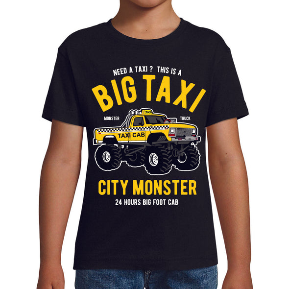 T-Shirt noir Enfant Voiture Monster Truck Big Taxi | tissu épais, 100% coton | idée cadeau frère ou cousin