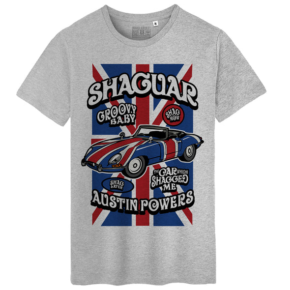 T-Shirt gris chiné la Shaguar d'Austin Powers | 100% coton coupe régulière | idée cadeau voiture anglaise