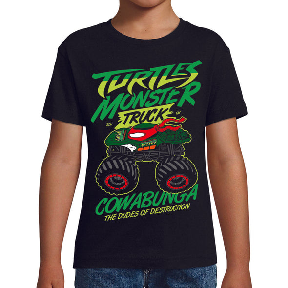 T-Shirt noir Enfant Voiture Monster Truck Tortues ninjas | tissu épais, 100% coton | idée cadeau frère ou cousin