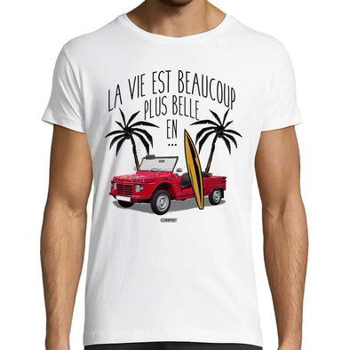 T-Shirt Blanc Homme | La vie est plus belle en Mehari | 100% coton, Manches courtes - outlet Maxi-Shirt