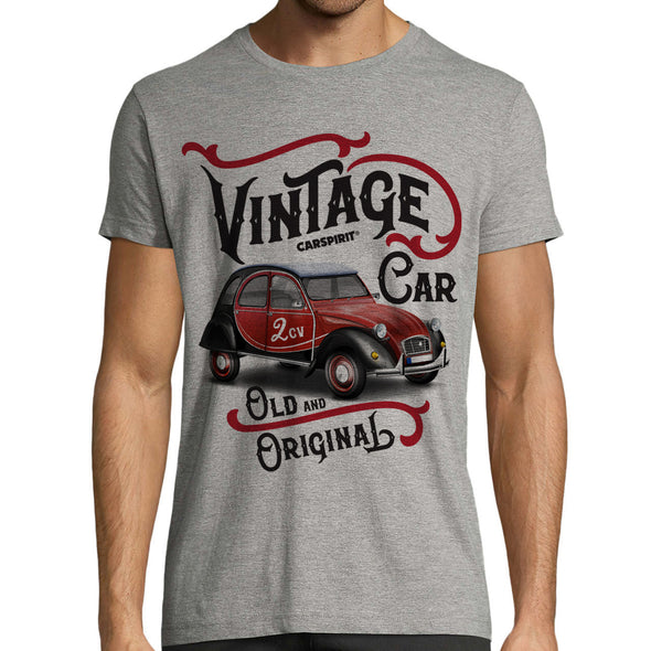 T-Shirt Vintage 2CV | homme Gris chiné 100% coton,manches courtes | idée cadeau fan voiture ancienne