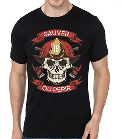 T-Shirt Noir Pompier Sauver ou périr | 100% coton manches courtes | idée cadeau homme du feu Maxi-Shirt