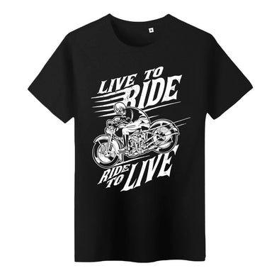T-Shirt Noir Homme Manches courtes | Live to Ride, imprimé blanc | 100% coton, idée cadeau motard