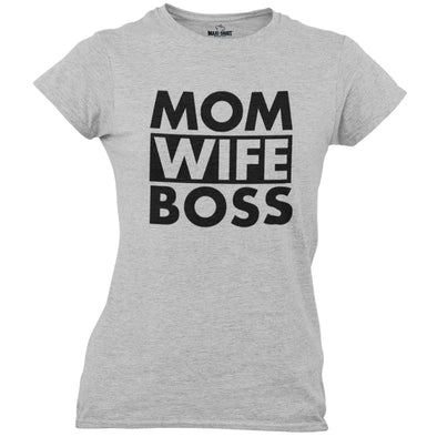 T-Shirt pour Femme "Mom Wife Boss" | Gris chiné, coupe ajustée | 100% coton | idée cadeau fête des mères Maxi-Shirt.com