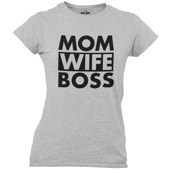 T-Shirt pour Femme "Mom Wife Boss" | Gris chiné, coupe ajustée | 100% coton | idée cadeau fête des mères