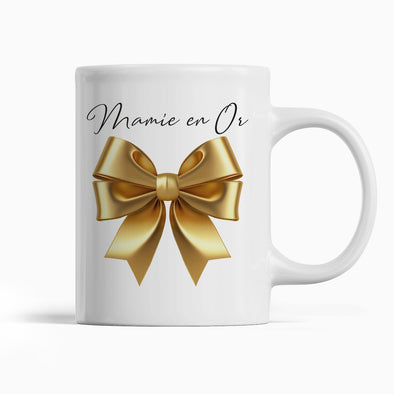 Mug Kitsch Mamie en Or | idée cadeau fête des grand-mères | gros nœud doré | en céramique | Blanc brillant