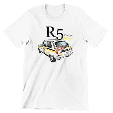 T-Shirt Blanc Homme manches courtes | dessin R5 Alpine Turbo monte carlo | idée cadeau fan rallye voiture Maxi-Shirt