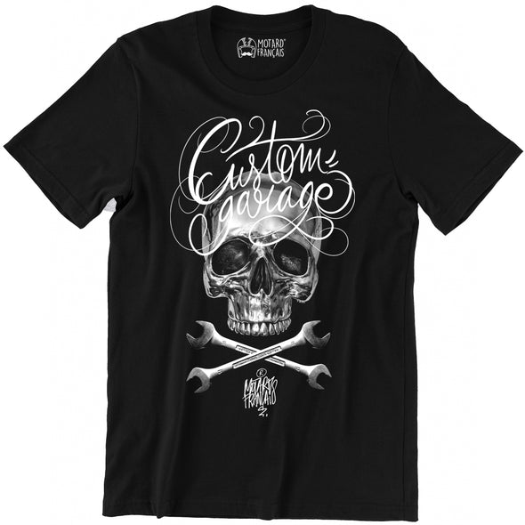 T-Shirt moto Noir, Custom Garage Skull