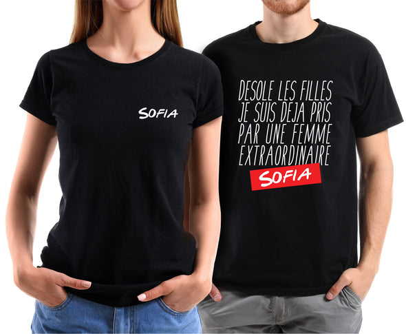 T-Shirts Couple (x2) Humour - Personnalisés avec prénom - idée cadeau saint valentin - désolé je suis déjà pris par...