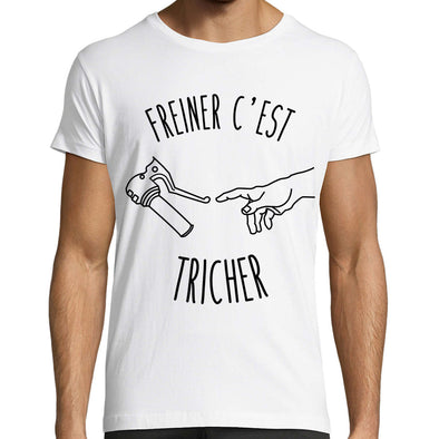 T-Shirt Blanc Homme Motard, manches courtes, Freiner c'est tricher, 100% coton, coupe régulière
