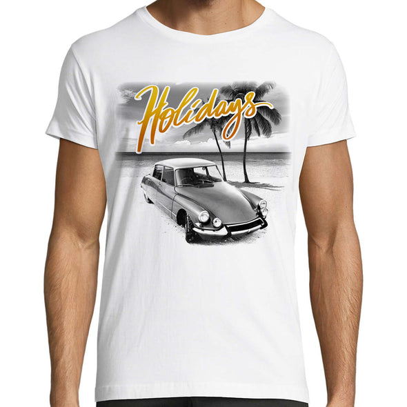 T-Shirt homme vintage Automobile DS, Holidays on the beach, Voiture ancienne française, 100% Coton