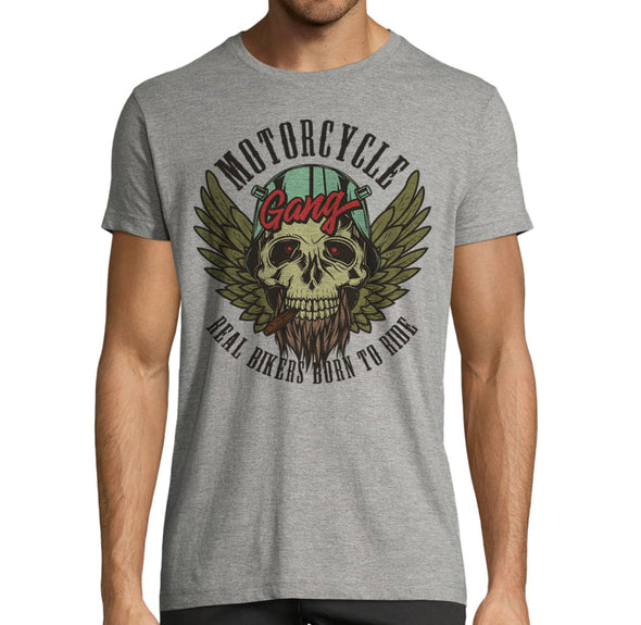 T-Shirt moto gris chiné, Motorcycle Gang Skull