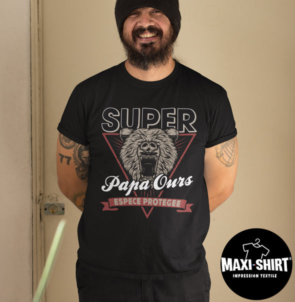 T-Shirt noir Homme Super Papa Ours | 100% coton, coupe régulière, tissu épais | doux et confortable