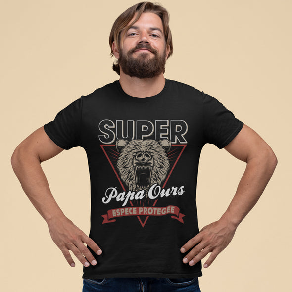 T-Shirt noir Homme Super Papa Ours | 100% coton, coupe régulière, tissu épais | doux et confortable