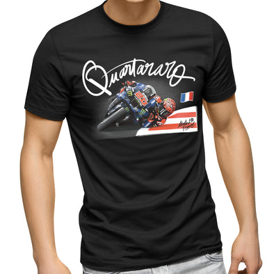 T-Shirt noir Homme manches courtes, fan art Fabio Quartararo, illustration imprimée, 100% coton, moto GP