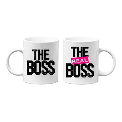 Mugs (x2) The Real Boss | en céramique blanc brillant | tasse pour thé ou café résistante | idée cadeau couple