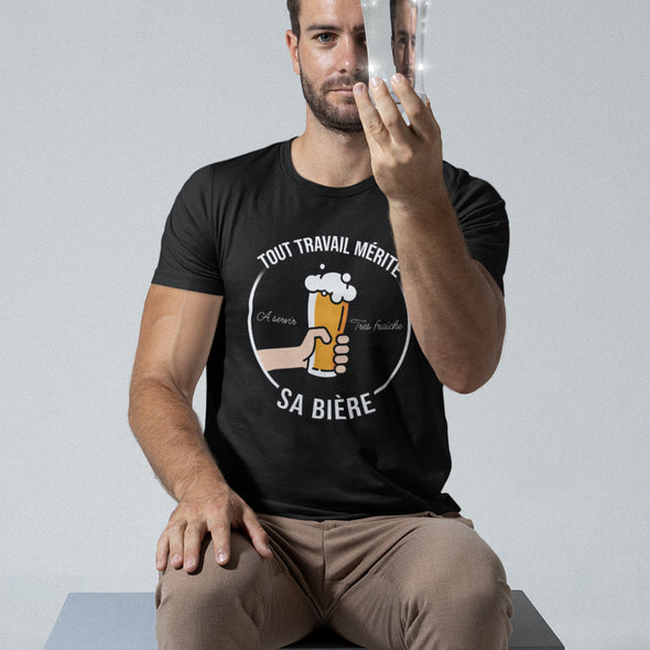 T-Shirt Humour idée Cadeau | Tout travail mérite sa bière | 100% Coton, Tissu épais