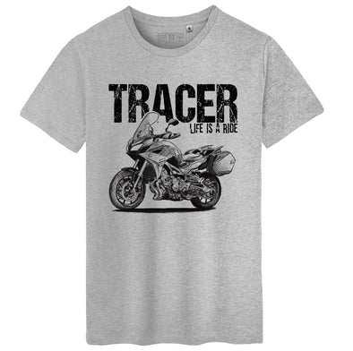 T-Shirt Gris Homme Motard | Illustration Fan Art Tracer 900 GT | Gris chiné, épais, 100% Coton