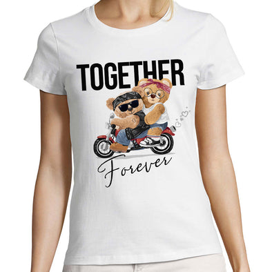 T-Shirt blanc 100% coton imprimé Together Forever | couple petit ours en moto | Coupe femme ou homme | 100% coton | idée cadeau Saint Valentin