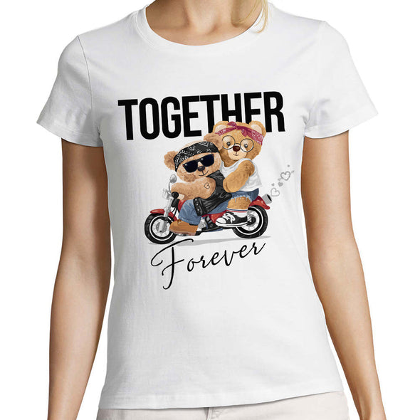 T-Shirt blanc 100% coton imprimé Together Forever | couple petit ours en moto | Coupe homme ou femme | 100% coton | idée cadeau Saint Valentin