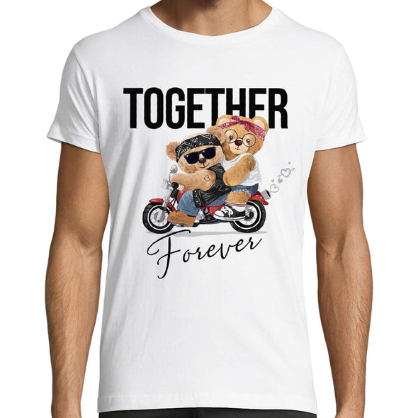 T-Shirt blanc 100% coton imprimé Together Forever | couple petit ours en moto | Coupe homme ou femme | 100% coton | idée cadeau Saint Valentin