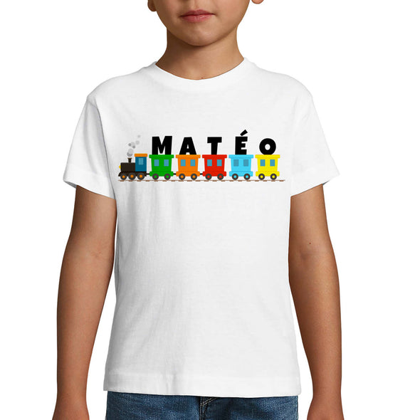 T-Shirt Blanc Enfant Train Personnalisé avec votre prénom | tissu épais, 100% coton | idée cadeau anniversaire