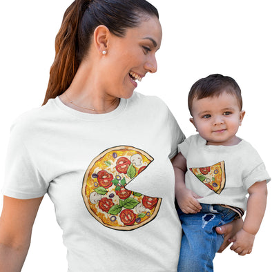 T-shirt Pizza Femme + t-shirt Enfant "piece of mine" | idée cadeau parent enfant | 100% coton