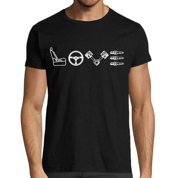 T-Shirt Noir Homme LOVE Car | 100% coton Bio, coupe régulière | idée cadeau fan voiture et mécanique