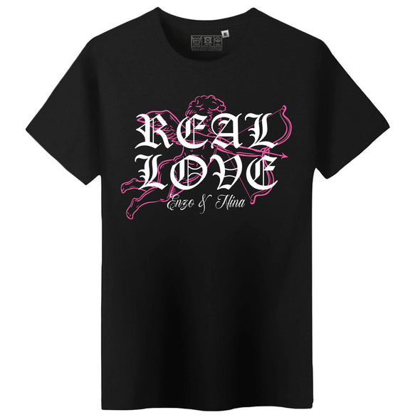 T-Shirt Cupidon Real Love Saint valentin à personnaliser avec vos prénoms | 100% coton bio | idée cadeau